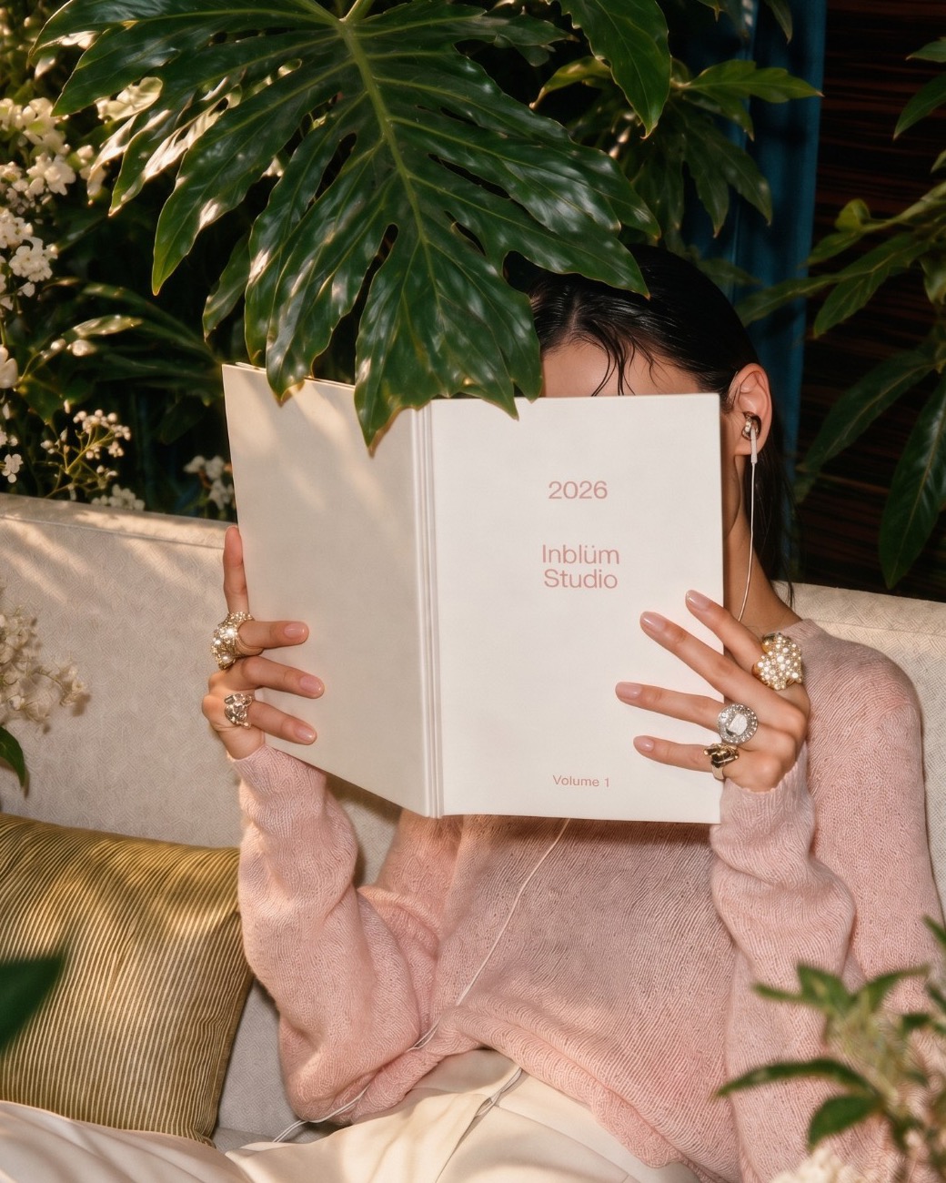 Fotografía de una mujer sentada en un sofá que se cubre el rostro con un libro abierto, «2026 Inblüm Studio, Volume 1», rodeada de plantas y flores blancas